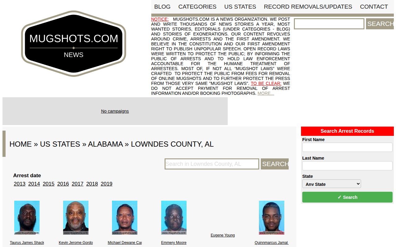 Unofficial stale Mugshots.com Lowndes County arrest archive